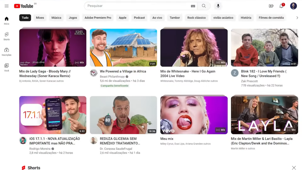 Lista de vídeos na home do Youtube